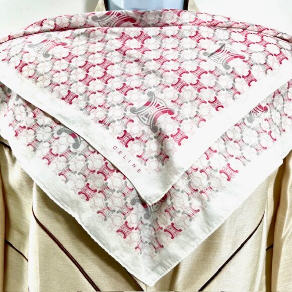 Celine Paris Mini Scarf/Handkerchief Cotton /Silk19.5"  Pink Gray Logo Print(67 - Picture 3 of 6